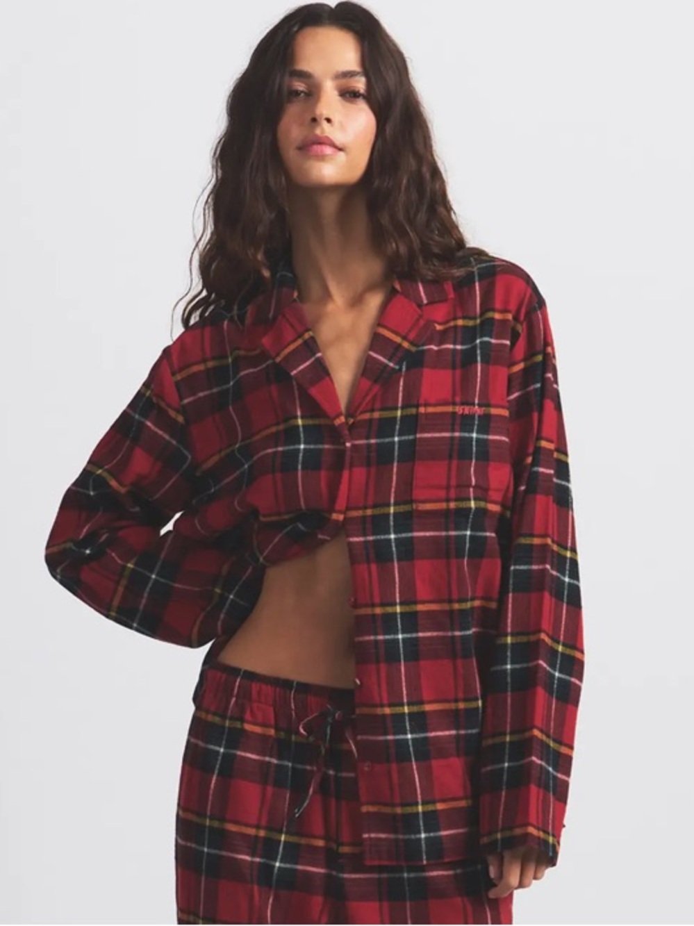SKIMS Plaid Fleece Flannel Pajama Top Cranberry Red Medium NWT!